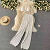 SINGREINY Women Summer Design Knitted Set Sexy Backless Halter Short Tops+Chic Hollow Wide Leg Long Pants Two Piece Suit 211105