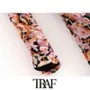 TRAF Dames Vintage Elegante Floral Print Gedrapeerde Maxi Jurk Mode O Neck Lange Mouw Back Rits Vrouwelijke Jurken Vestidos Mujer 210415