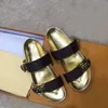 Mulheres Chinelos de Verão Slide Bom Dia Flat Mule Cool Sem esforço Slides elegantes 2 tiras com fivelas de ouro ajustadas Logotipo de sandálias de alta qualidade