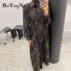 BEYNII MIDI A-LINE DRESS Women Korean Plus Size Single-breasted Geometric Print Kvinna Vestido Sashes Elegant Tröja Klänningar Y1204