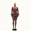 Gedruckte Kleider Floral Lange Flare Ärmel Vintage Weibliche Figurbetontes Kleid Hohe Taille Afrikanische Frauen Große Größe Damen Herbst Mode 210416