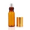 Amber 3ml 5ml 10ml Rollonflaska för eteriska oljor Rostfritt stål Roller Refillerbar Parfymflaska Deodorant behållare med guld