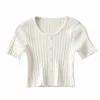 Chique Korea Sexy Houten Oren Knopen O Hals Korte Mouw Tee Pullover Croptop Dames Gebreide Tight T-shirt Crop Tops Knitwear 210429