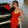 Elegant Red Women'S Dress Sexy One-Shoulder Slim High Split Evening Party Dresses Female Clothing Fashion 210527