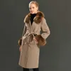 女性のウールコート春の本物の毛皮の襟ウールのジャケット調節可能なウエストスリムレディースロングオーバーコート211019