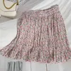 Koreaanse geplooide print mini rok voor dames zomer dunne vintage floral elastische hoge taillas hippe vrouwen 210420