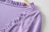 Chic Francuski Drewno Uszy V Neck Sznurowanie Up Bandaż Dzianiny Ruffles Cardigan Sweter Retro Kobiety Z Długim Rękawem Krótki Jumper Sexy 210429
