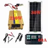 LEORY 220V Système d'alimentation solaire Panneau 30W Chargeur de batterie Onduleur 220W Kit USB Contrôleur complet Réseau domestique Camp Téléphone PAD - C