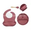 4 pièces/ensemble sans BPA bébé Silicone vaisselle étanche bavoir couleur unie assiette ventouse bol et cuillère pour enfants 857 Y2