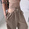 Pantalones de pierna ancha Mujer Verano Tubo recto Cintura alta Ahueca hacia fuera con cordones Suelta Casual Mujer Sexy Pantalones caqui 210514