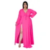 XL-5XL Plus Size Black Pink Fit and Flare Sukienka Kobiety Ruched Sznurek Pełny Rękaw Vestido Elegant Side High Split Robe Femme 211116