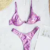 Kobiety Lato Seksowne Brazylijskie Bikini Zestaw Holograficzny Błyszczący Metalowy Swimsuit Push Up Wyściełany Plaża Kostium kąpielowy 210712