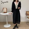 Syiwidii Velvet Dresses for Women Lace V Neck Vintage Birthday Party Dress for Women Winter long sleeve korean midi dress 210417