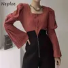 Sexy Square Collar Single Breasted Cardigans Chic Plised Flare Sleeve Design Coat All-Mecz Dzianiny Swetry Damskie 210422