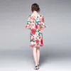 夏のハイウエストのドレス女性のファッションプリントフリルの女性Oネック半袖AラインES 210529