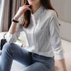 Mulheres Coreanas Camisas Mulher Chiffon Blusas Longa Manga Listrada Blusa Tops Plus Size Senhoras Bolso Branco Camisa 210531