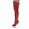 Stivali con paillettes da donna alti alla coscia Club 15 cm con plateau trasparente a spillo scarpe sopra il ginocchio taglie forti 44 45 46