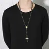 Vnox Black Gold Color Beads Long Rosary Necklace for Women Men Stainless Steel St Benedict Cross Pendant Sweater Chain Unisex
