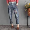 Printemps Automne Arts Style Femmes Taille Élastique Lâche Jeans Patchwork Broderie Vintage Déchiré coton Denim Sarouel S568 210512