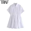 TRAF Women Sweet Fashion With Adjustable Tied White Mini Dress Vintage Short Turn-up Sleeve Female Dresses Vestidos 210415