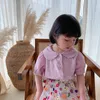 Koreaanse stijl meisjes katoen schattige pop kraag shirts effen kleur korte mouw single-breasted tops kleding 210508