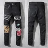 Fashion Tide brand Jeans black pasted cloth printed hole beggar pants men's slim fit Leggings men's