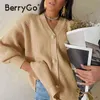 Berrygo Casual V-Neck Dzianiny Kimono Kardigan Kobiety Jesień Zima Lampion Rękaw Przycisk Kobiece Scargan Streetwear Swetry 211103