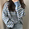 Aelegantmis Vintage Classic Wome Bleu Blanc Pull rayé Pull coréen Mode Casual Lâche Femelle Tricoté Jumper Rétro 210607