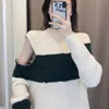 Koreanska casual dra långa kvinnor tröja dam randig vit svart stickad topp grundläggande lös pullover sexig jumper 210514