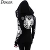 5XL Gothic Punk Print Hoodies Sweatshirts Women Long Sleeve Black Jacket Zipper Coat Autumn Winter Female Casual Hooded Tops 211108