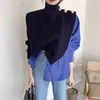 Korean Autumn High Collar Side Buttons Fake Two-piece Shirt Stitching Striped Bubble Sleeve Chic Sweater Blue women 210519