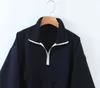 Streetwear Style Navy Blue Jacket 여성 캐주얼 느슨한 턴 다운 칼라 지퍼 긴 소매 봄 코트 여성 Chaqueta 210514