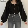 NEPLOE Square Collar Vintage Sweter Kobiety Latarnia Rękaw Pearl Przycisk Dzianiny Swetry Topy Koreański Luźna Moda Pull Femme 210422