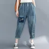 Vår sommarkonst Stil Kvinnor Elastisk Midja Lösa Casual Jeans Vintage Broderi Bomull Denim Harem Byxor V310 210512