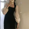 Mesh Patchwork Puff Sleeve Velvet Klänning Koreanska Ins Eleganta Klänningar Kvinnor Sexig Square Collar Slim Fit Vestidos 1h086 210422
