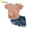 1-6y sommar toddler barn barn flicka kläder uppsättning båge blomma kortärmad t-shirt toppar denim shorts jeans outfits kläder 210515