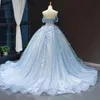 Безсемя синего платья светлое небо голубое цинкэнара платья принцессы бальное платье возлюбленное с плечами аппликации 3D цветы Pageant p