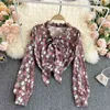 Spring Fashion Style Ladies Blouse Bow Tie Irregular Color Matching Blusa Geometric Printing Shirt GK566 210507