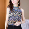 Coreano moda feminina camisa chiffon blusa para mulheres sem mangas floral impressão stand tops feminino s ol 210604