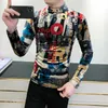 Vintage bokstäver tryckta män t-shirts sammet långärmad smal passform vinter varm halv turtleneck t-shirt streetwear casual toppar 210527