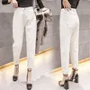 Luz azul cintura alta calça jeans mulheres coreanas calças de pernas largas soltas emagrecimento slim nove pontos harem moda 210423