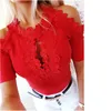 Kvinnor T-shirt sommar spets kortärmad bandage kvinnlig elegant mode off-the-shoulder damer streetwear top 210522