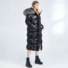 Janveny Glänsande Vattentät Lång Puffer Down Jacket Kvinnor Stor Real Raccoon Fur Hooded Vinter Duck Down Coat Kvinna Lösa Parkas 211221