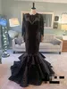 Black Gothic Mermaid Wedding Dress With Long Sleeves Beading Pearls Lace Satin Non White Colorful Bride Dresses Custom Made Vintage Robes