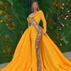 2021 Gele Mermaid Avondjurken Kant Lovertjes Transparant Lange Formele Prom Toga's Overskirt Red Carpet Dress