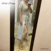 Wildy Boho Polka Dot Lång Klänningar Kvinnor Split Kortärmad Sommar Casual DR2021 StreetWear Svart Maxi DrVestidos X0529