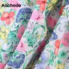 Mulheres Chic V Neck Cropped Blusas Floral Impressão Puff de Manga Curta Crop Tops Feminino Zipper Vintage Tunic Blouse 210413