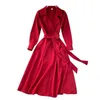 Jesień Damska Retro Business Suit Collar Lace-Up High Paist Casual Dress Lady Długi Rękaw Eleganckie Vestidos N491 210527