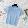 Lato Solidna koszulka Kobiety Krótki Rękaw Dziane Tshirts Slim Korean Moda Tees Peter Pan Collar Ruffles Casual Topy 210519