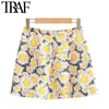 TRAF femmes mode imprimé fleuri lin Mini jupe Vintage une ligne taille haute dos fermeture éclair femme jupes Faldas Mujer 210415
